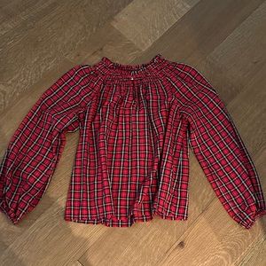 Old Navy Small Red Black Christmas Smocked Plaid Ruched Puff Sleeve Shirt Top